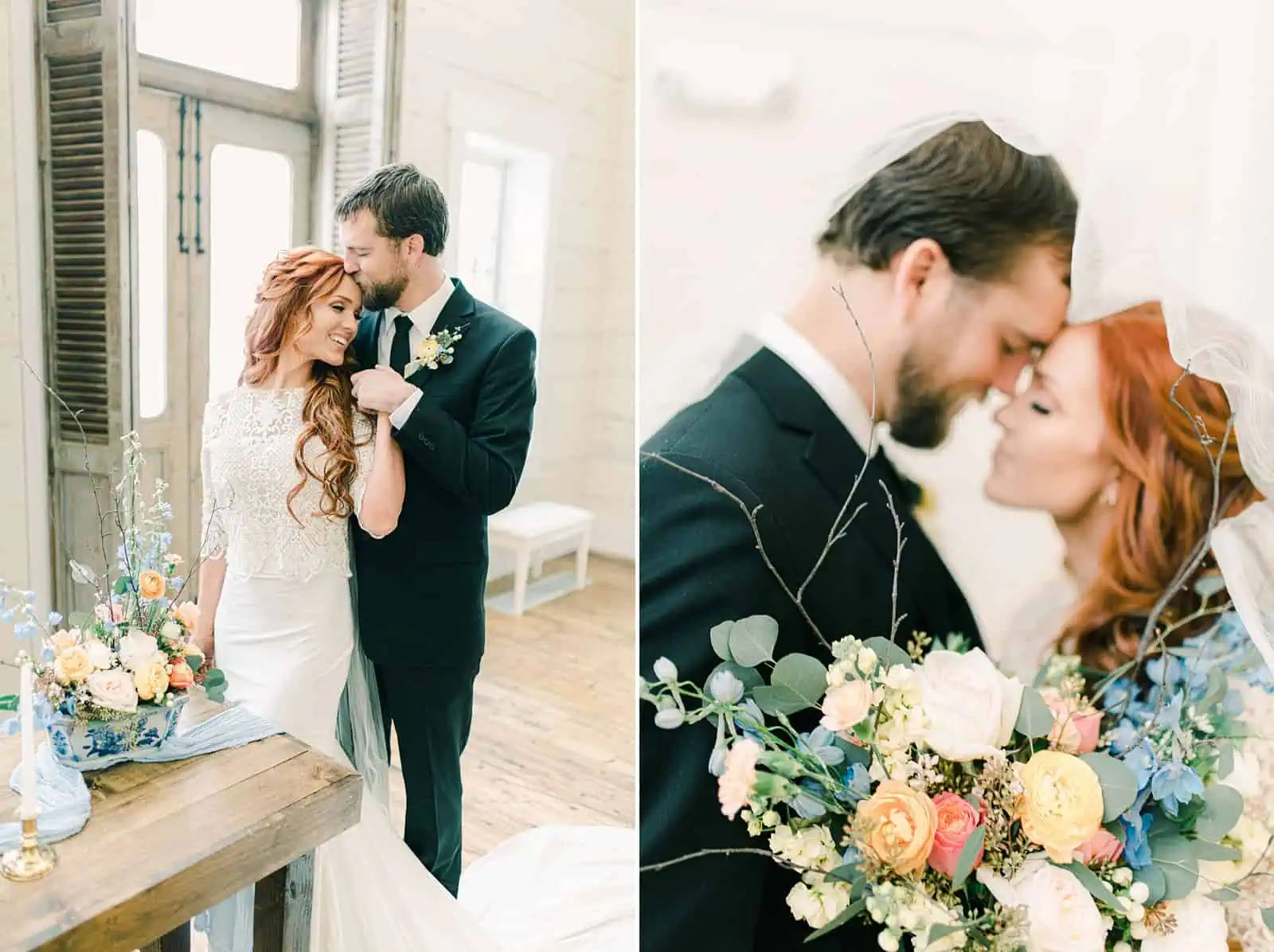 Utah bride and groom with pastel wedding flowers, destination European wedding