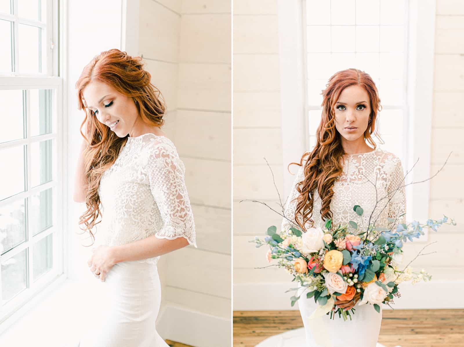 Bride with long lace sleeves holding wedding bouquet with pastel colors, blue, pink, orange, peach flowers, Freckled Fox