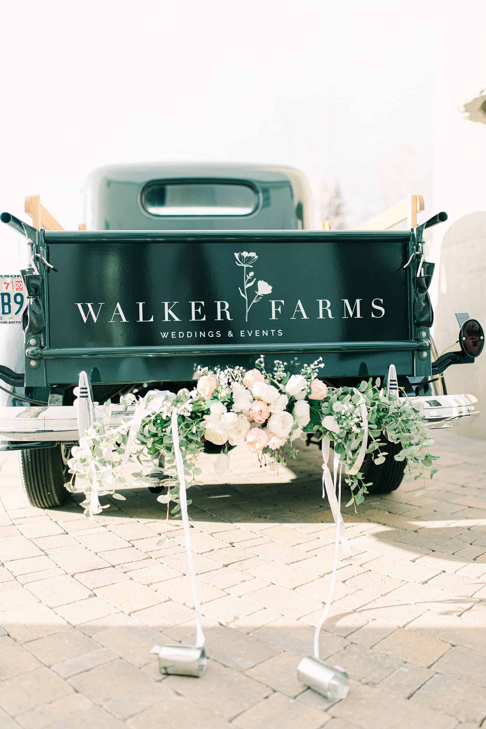 Walker Farms wedding and events, decorated truck, getaway car, Utah wedding, truck covered in flowers, reception decor