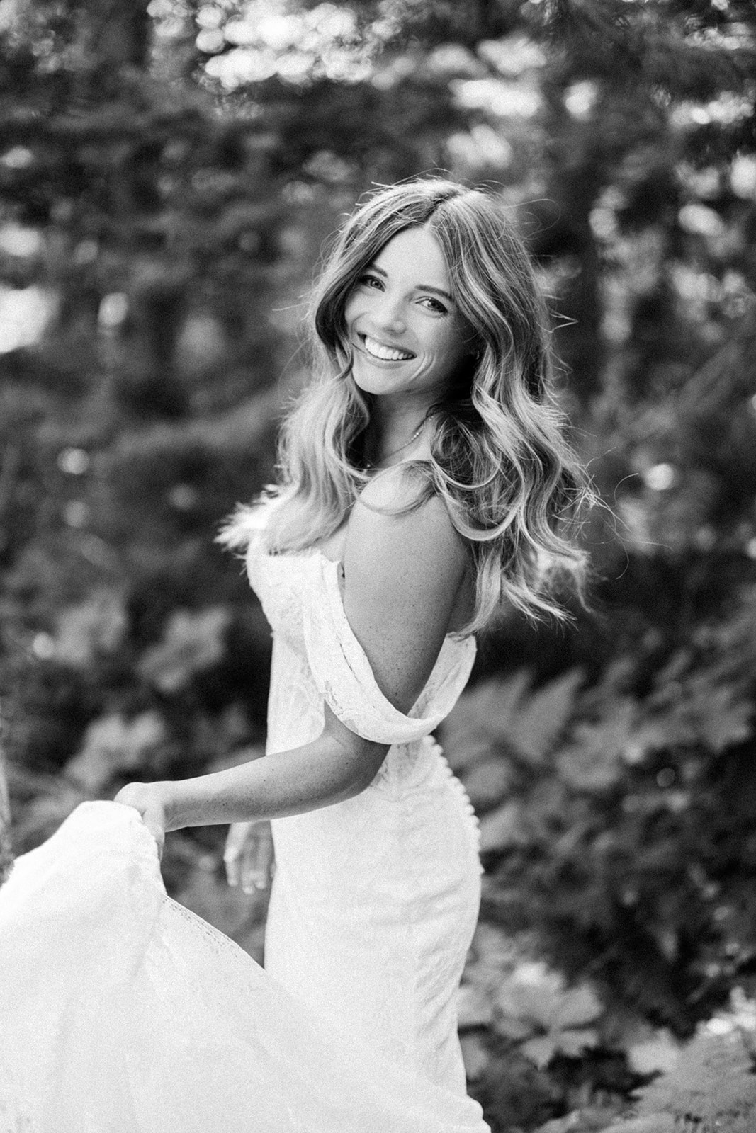 Bride Wearing Off the Shoulder Wedding Dress at Grand America Hotel Wedding