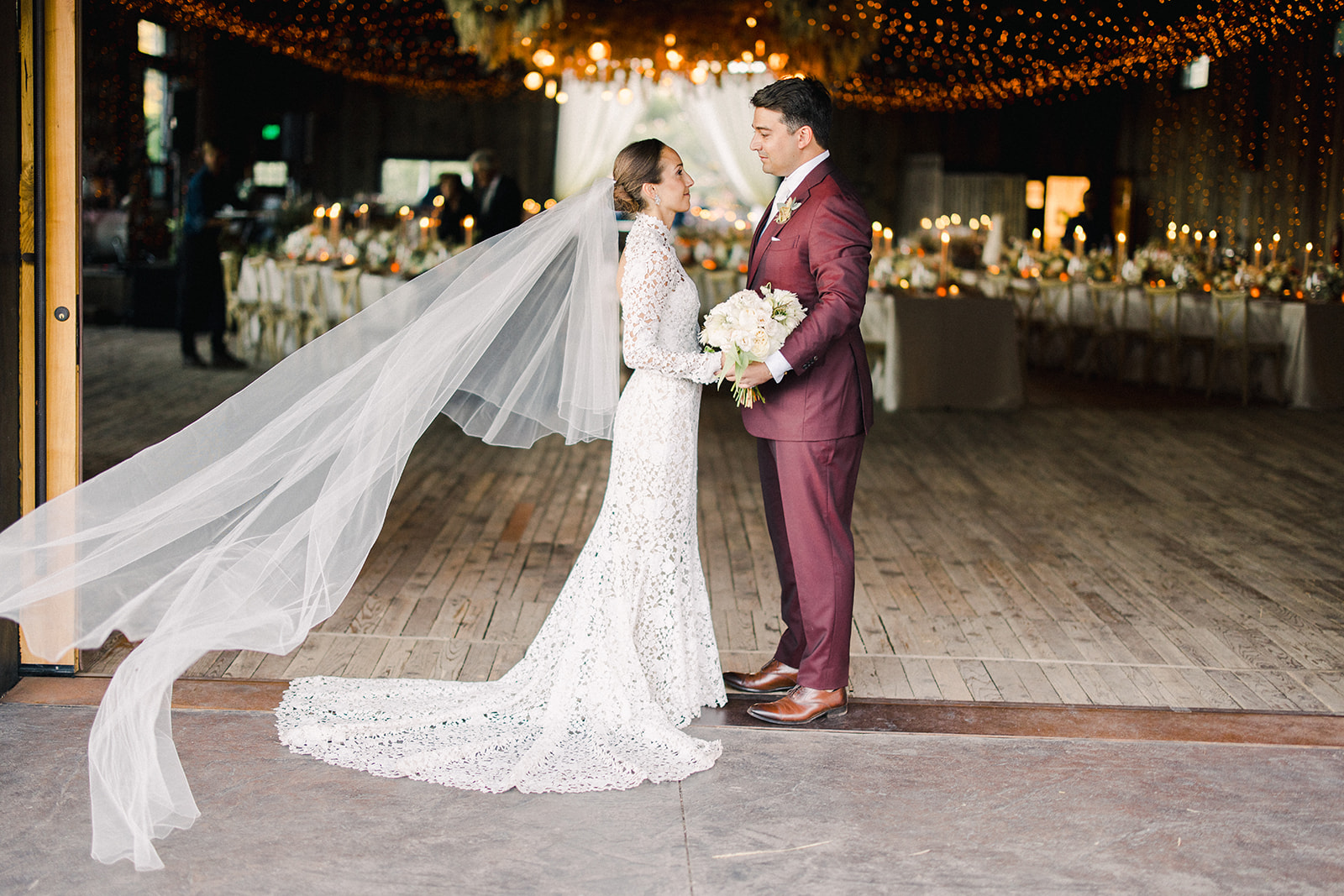 Bride and Groom Walking Into Wedding Reception at Blue Sky Ranch