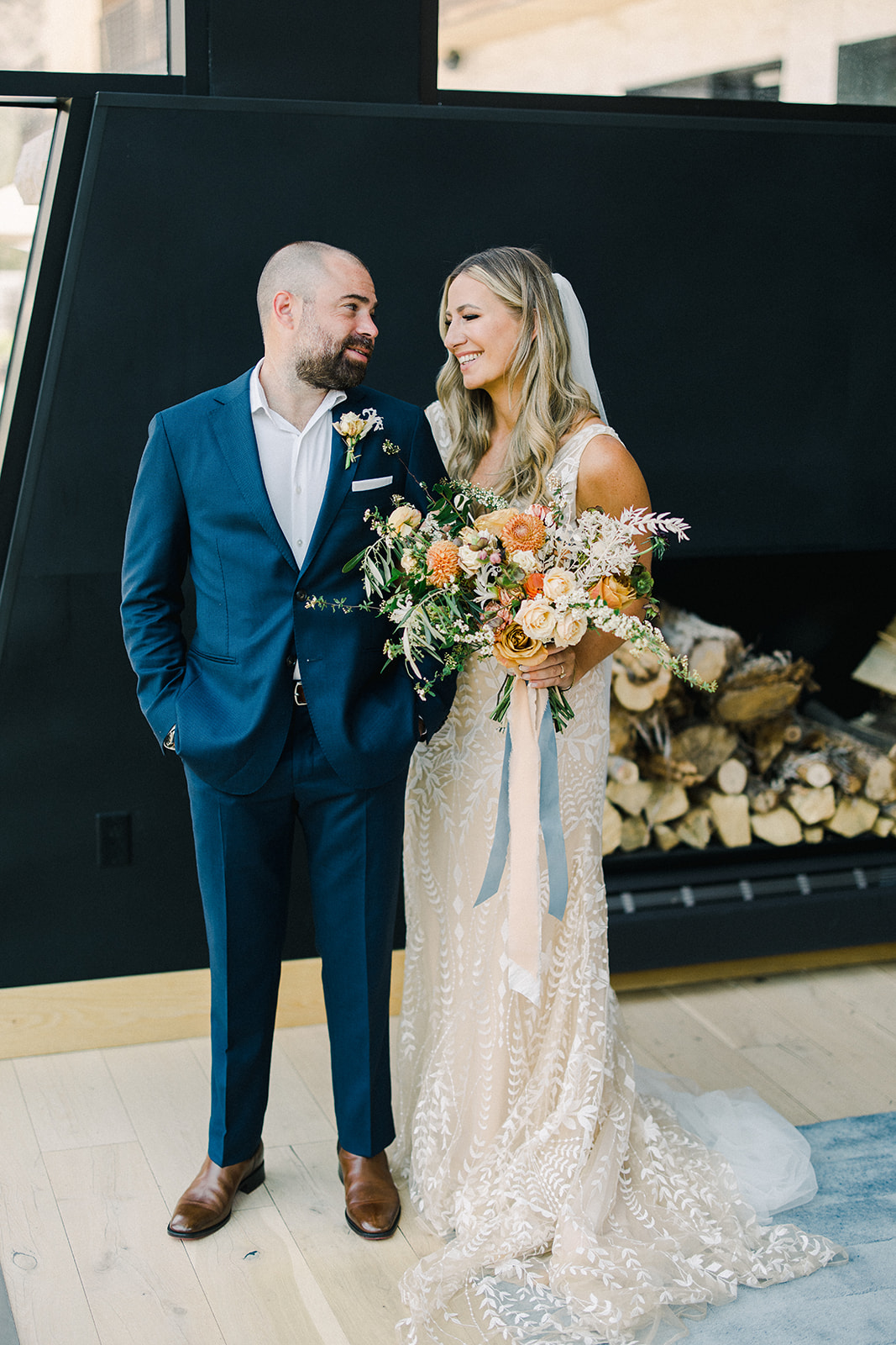 Bride and Groom Wedding Portraits indoors at Blue Sky Ranch