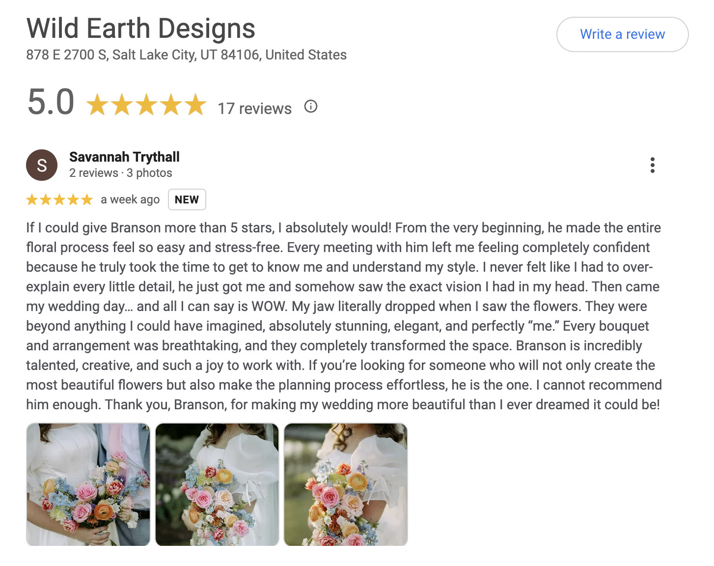 Top Reviews for Salt Lake City Wedding Florist Wild Earth Designs